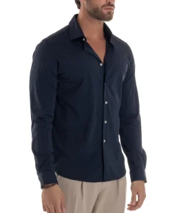 Camicia Uomo Tessuto No Stiro Basic Colletto Semi-Francese Slim Fit Morbida Blu C2963A