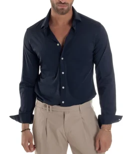 Camicia Uomo Tessuto No Stiro Basic Colletto Semi-Francese Slim Fit Morbida Blu C2963A