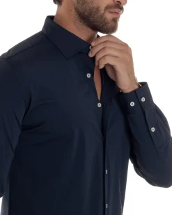 Camicia Uomo Tessuto No Stiro Basic Colletto Semi-Francese Slim Fit Morbida Blu C2963A