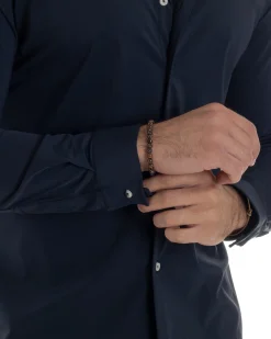 Camicia Uomo Tessuto No Stiro Basic Colletto Semi-Francese Slim Fit Morbida Blu C2963A