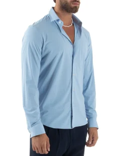 Camicia Uomo Tessuto No Stiro Basic Colletto Semi-Francese Slim Fit Morbida Celeste C2992A