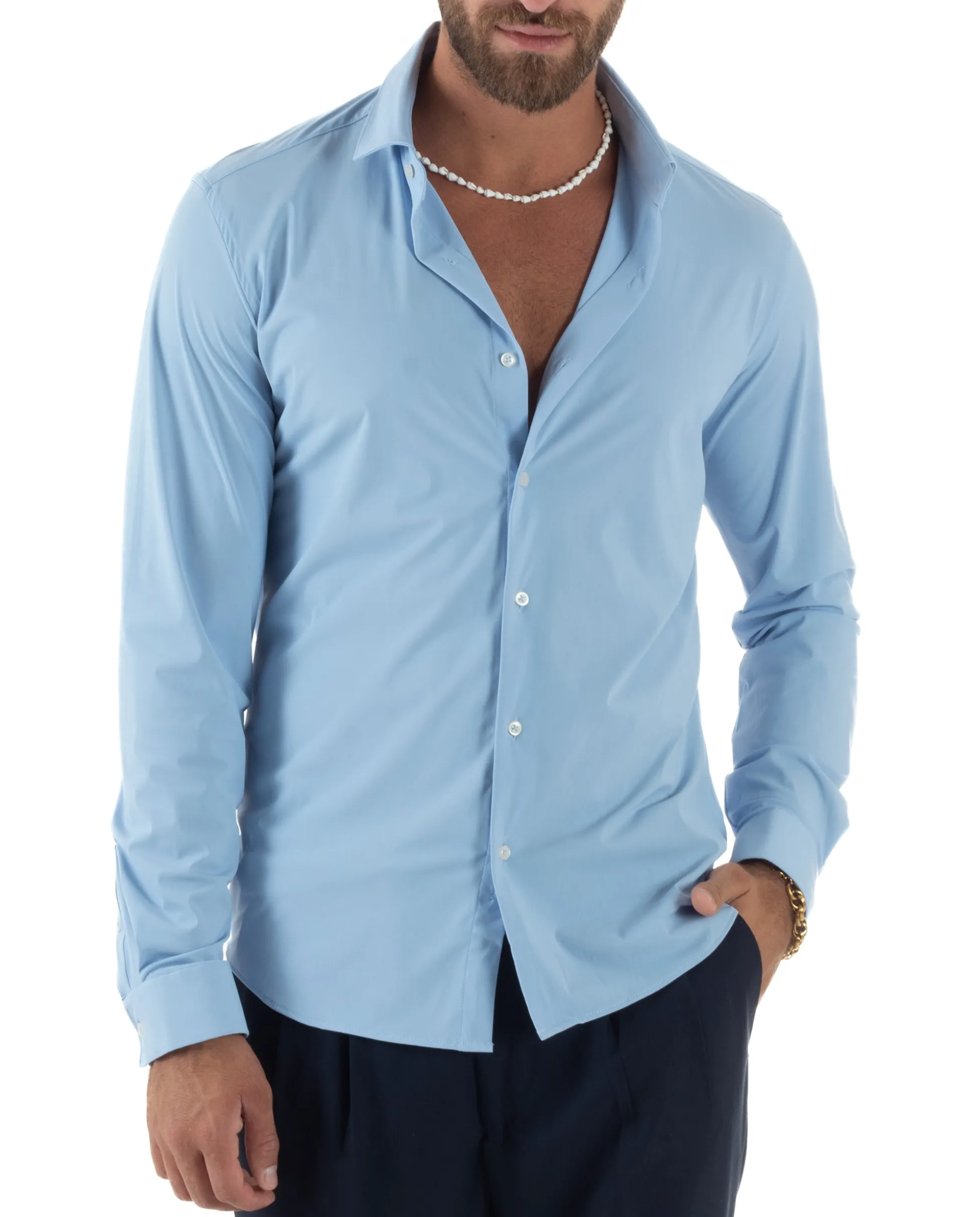 Camicia Uomo Tessuto No Stiro Basic Colletto Semi-Francese Slim Fit Morbida Celeste C2992A