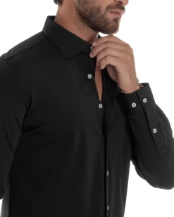 Camicia Uomo Tessuto No Stiro Basic Colletto Semi-Francese Slim Fit Morbida Nero C2964A