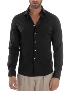 Camicia Uomo Tessuto No Stiro Basic Colletto Semi-Francese Slim Fit Morbida Nero C2964A