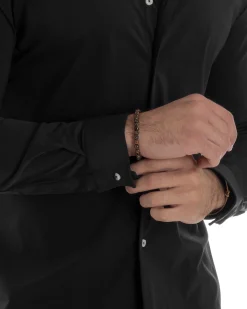 Camicia Uomo Tessuto No Stiro Basic Colletto Semi-Francese Slim Fit Morbida Nero C2964A