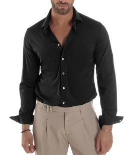Camicia Uomo Tessuto No Stiro Basic Colletto Semi-Francese Slim Fit Morbida Nero C2964A