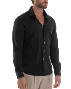 Camicia Uomo Tessuto No Stiro Basic Colletto Semi-Francese Slim Fit Morbida Nero C2964A
