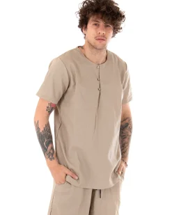 Camicia Uomo Tinta Unita Manica Corta Beige Serafino Girocollo Casual GIOSAL-CC1131A