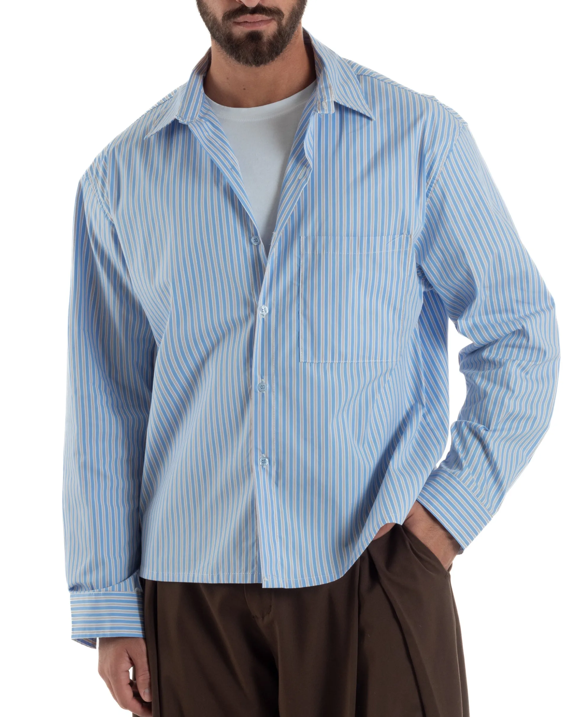 Camicia uomo unisex crop long sleeve boxy fit rigata celeste GIOSAL-C3081A