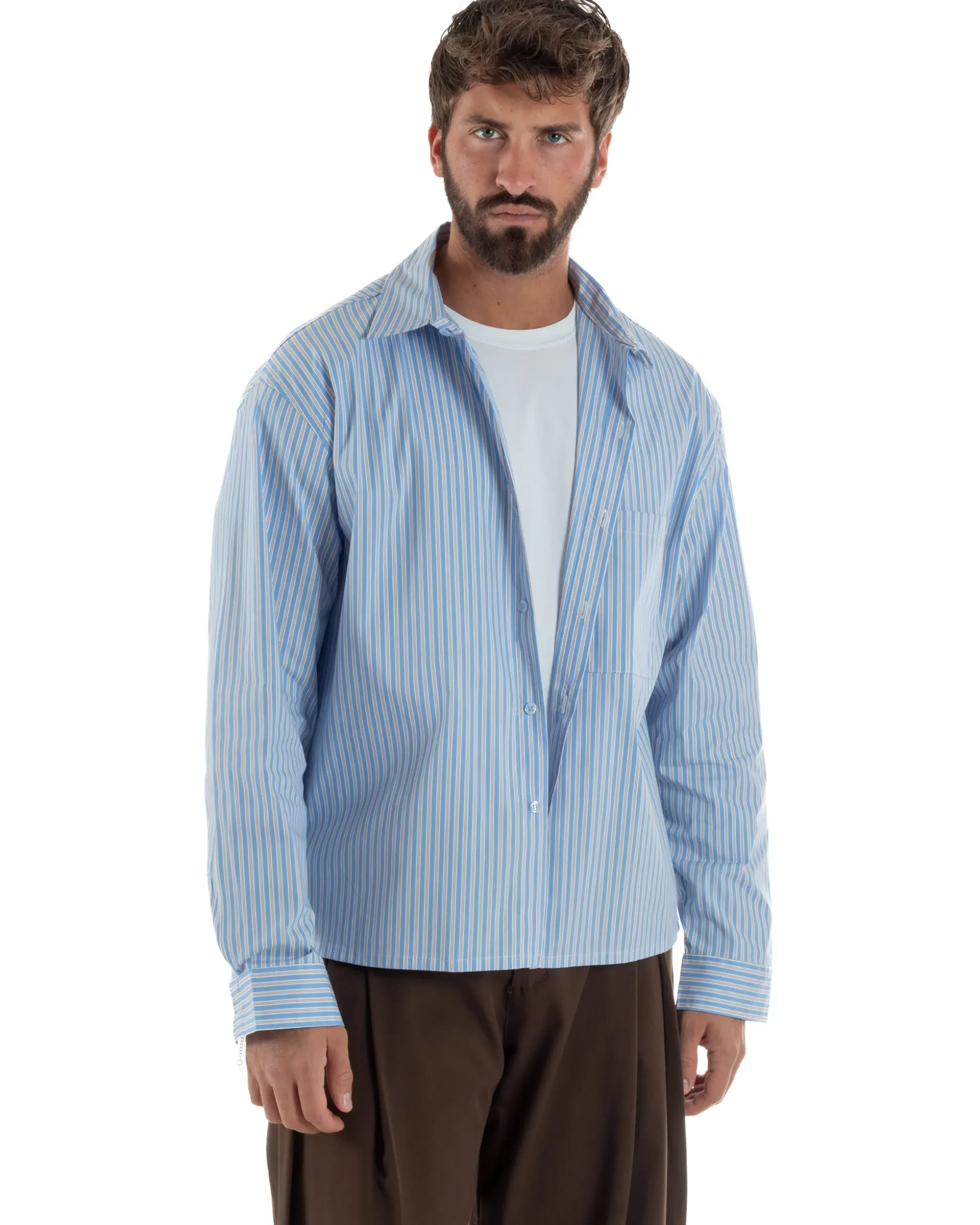 Camicia uomo unisex crop long sleeve boxy fit rigata celeste GIOSAL-C3081A