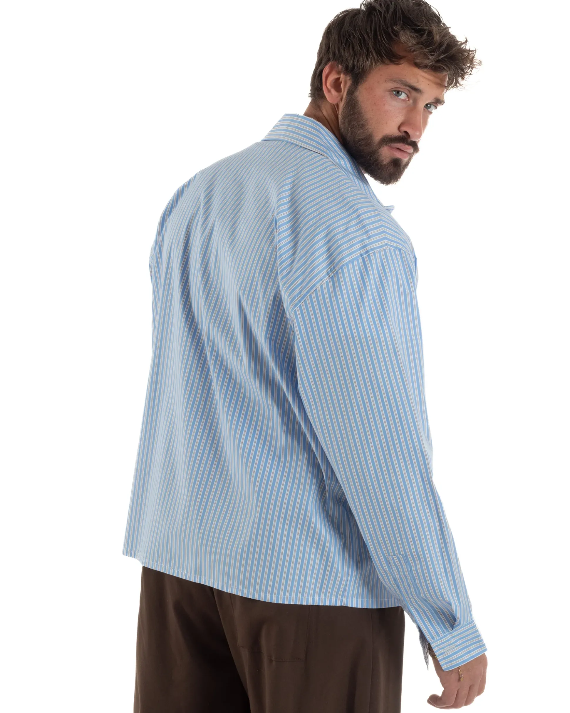 Camicia uomo unisex crop long sleeve boxy fit rigata celeste GIOSAL-C3081A