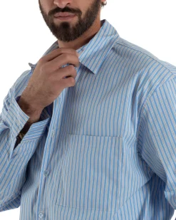 Camicia uomo unisex crop long sleeve boxy fit rigata celeste GIOSAL-C3081A