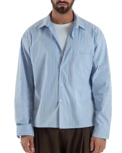 Camicia uomo unisex crop long sleeve boxy fit rigata celeste GIOSAL-C3081A