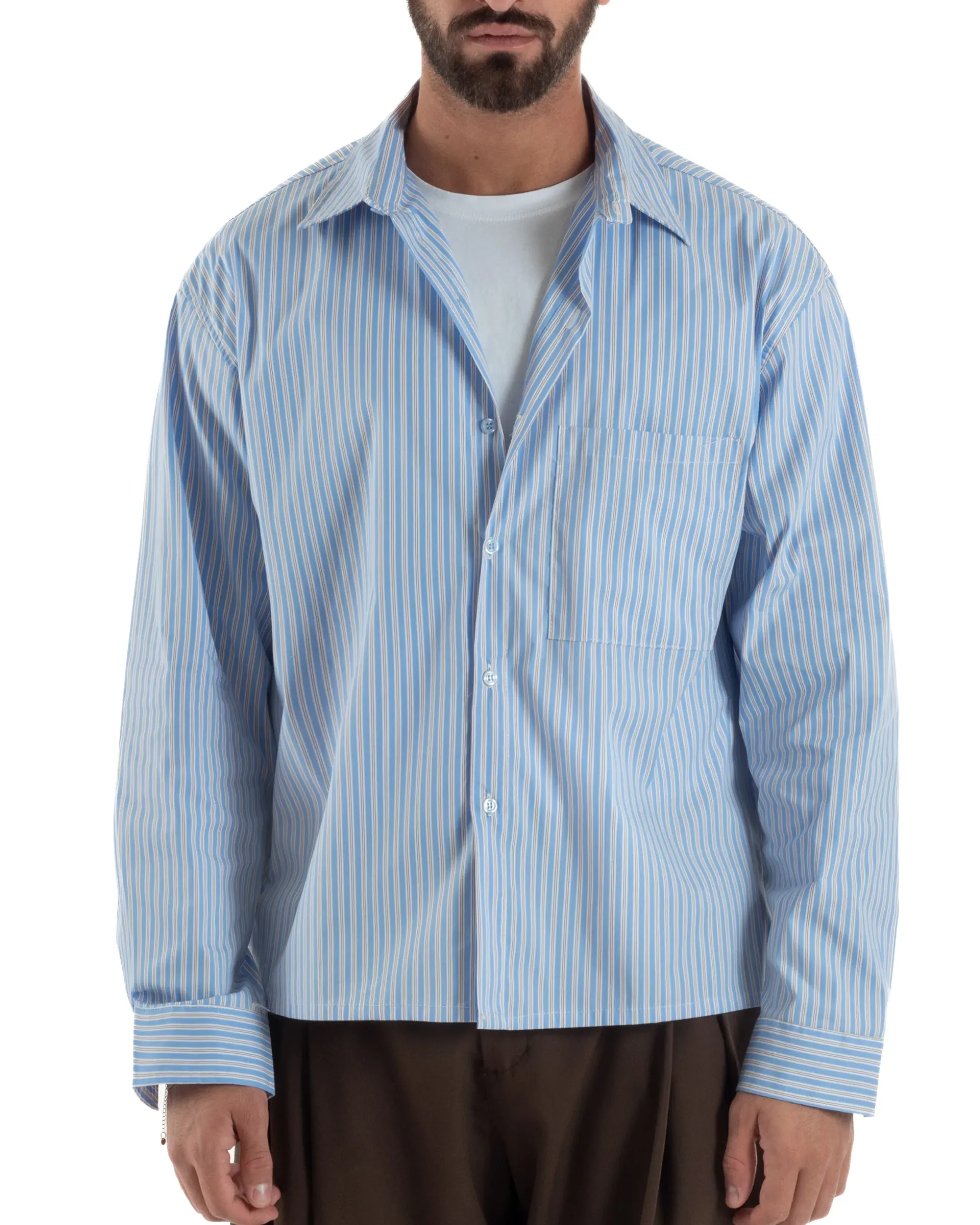 Camicia uomo unisex crop long sleeve boxy fit rigata celeste GIOSAL-C3081A