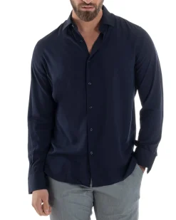 Camicia Uomo Viscosa Morbida Collo Francese Sartoriale Relaxed Fit Blu C2924A