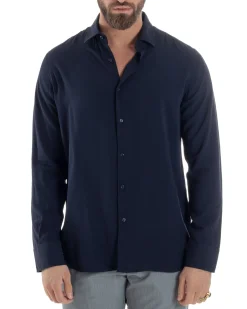 Camicia Uomo Viscosa Morbida Collo Francese Sartoriale Relaxed Fit Blu C2924A