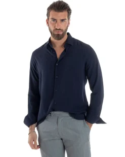 Camicia Uomo Viscosa Morbida Collo Francese Sartoriale Relaxed Fit Blu C2924A