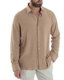 Camicia Uomo Viscosa Morbida Collo Francese Sartoriale Relaxed Fit Beige C2925A