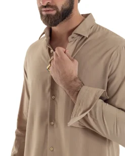 Camicia Uomo Viscosa Morbida Collo Francese Sartoriale Relaxed Fit Beige C2925A
