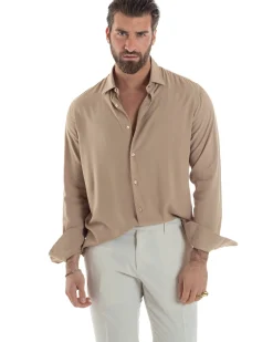 Camicia Uomo Viscosa Morbida Collo Francese Sartoriale Relaxed Fit Beige C2925A
