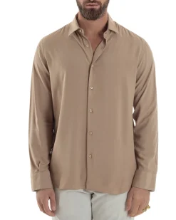 Camicia Uomo Viscosa Morbida Collo Francese Sartoriale Relaxed Fit Beige C2925A