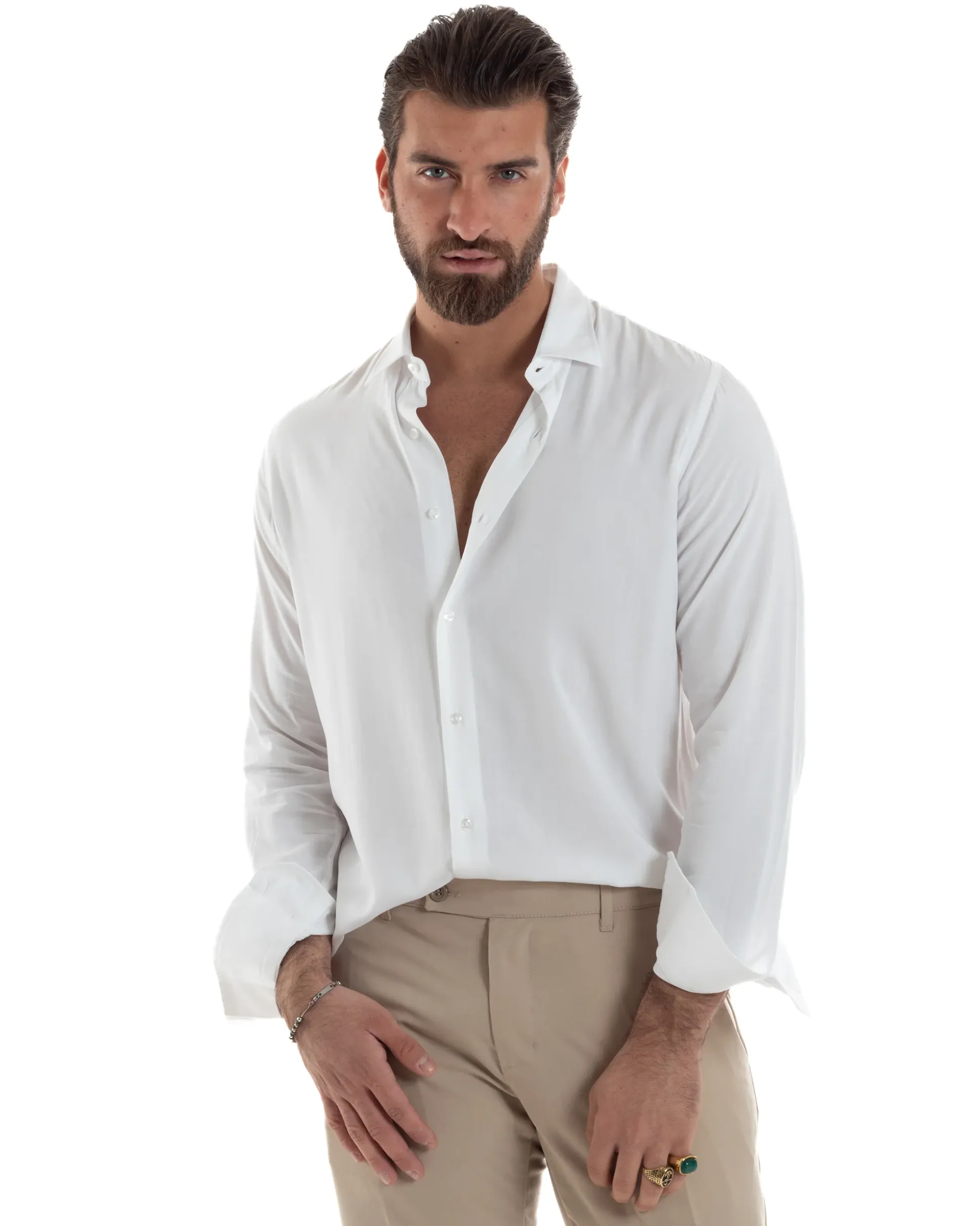 Camicia Uomo Viscosa Morbida Collo Francese Sartoriale Relaxed Fit Bianco C2923A