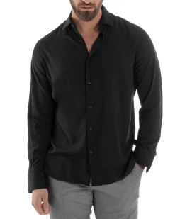 Camicia Uomo Viscosa Morbida Collo Francese Sartoriale Relaxed Fit Nero C2926A