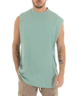 Canotta Uomo Basic Giromanica Lunga Casual Tinta Unita Verde Acqua Girocollo GIOSAL-CN1077A