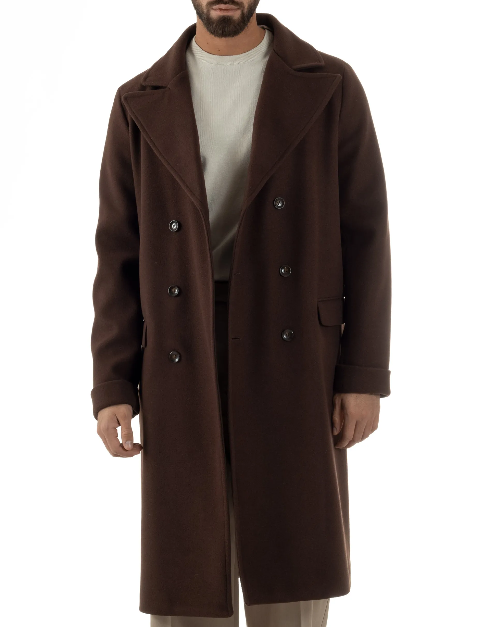Cappotto Doppiopetto Uomo Oversize Giaccone Lungo Revers Ampi Marrone CO1093A