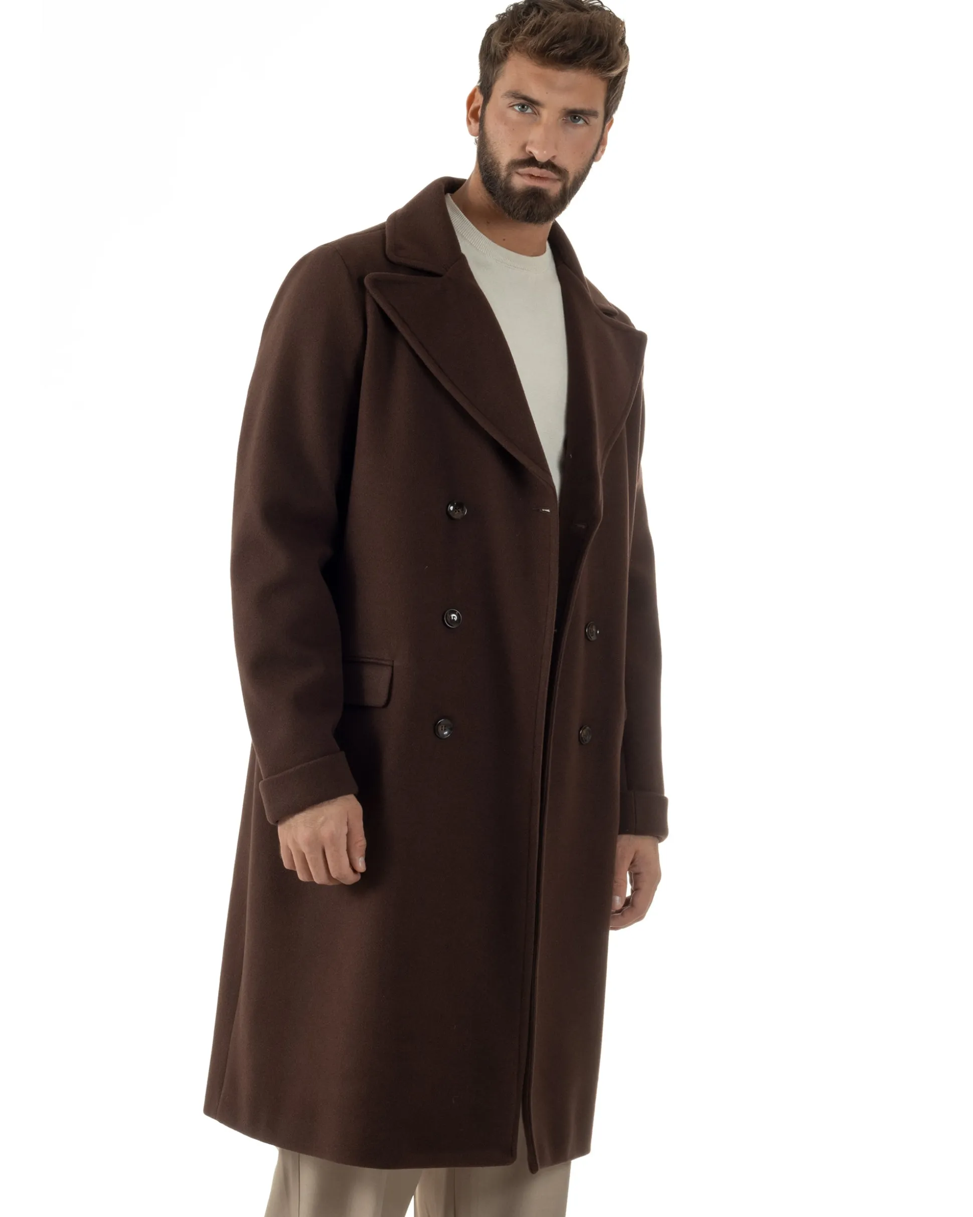 Cappotto Doppiopetto Uomo Oversize Giaccone Lungo Revers Ampi Marrone CO1093A