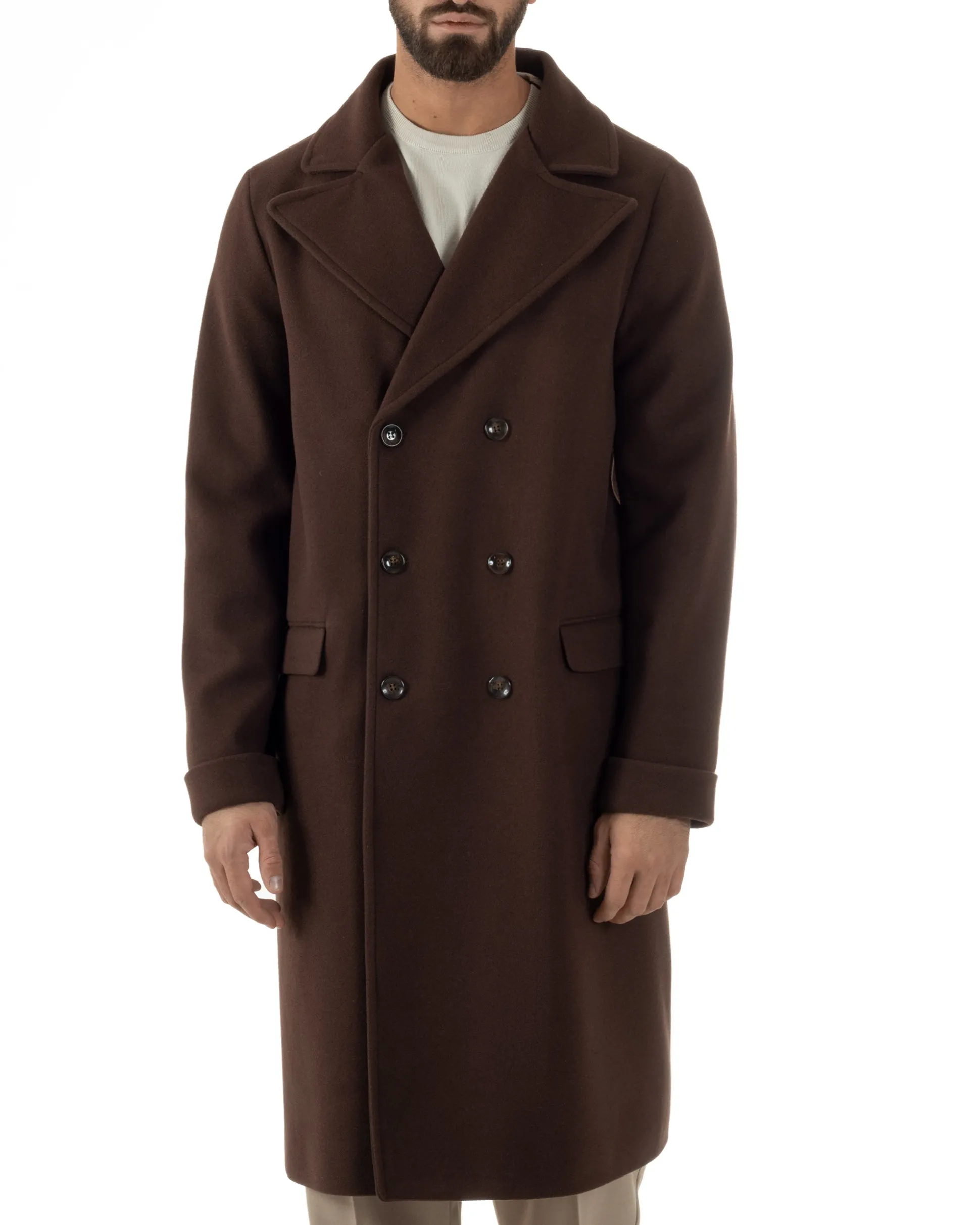 Cappotto Doppiopetto Uomo Oversize Giaccone Lungo Revers Ampi Marrone CO1093A
