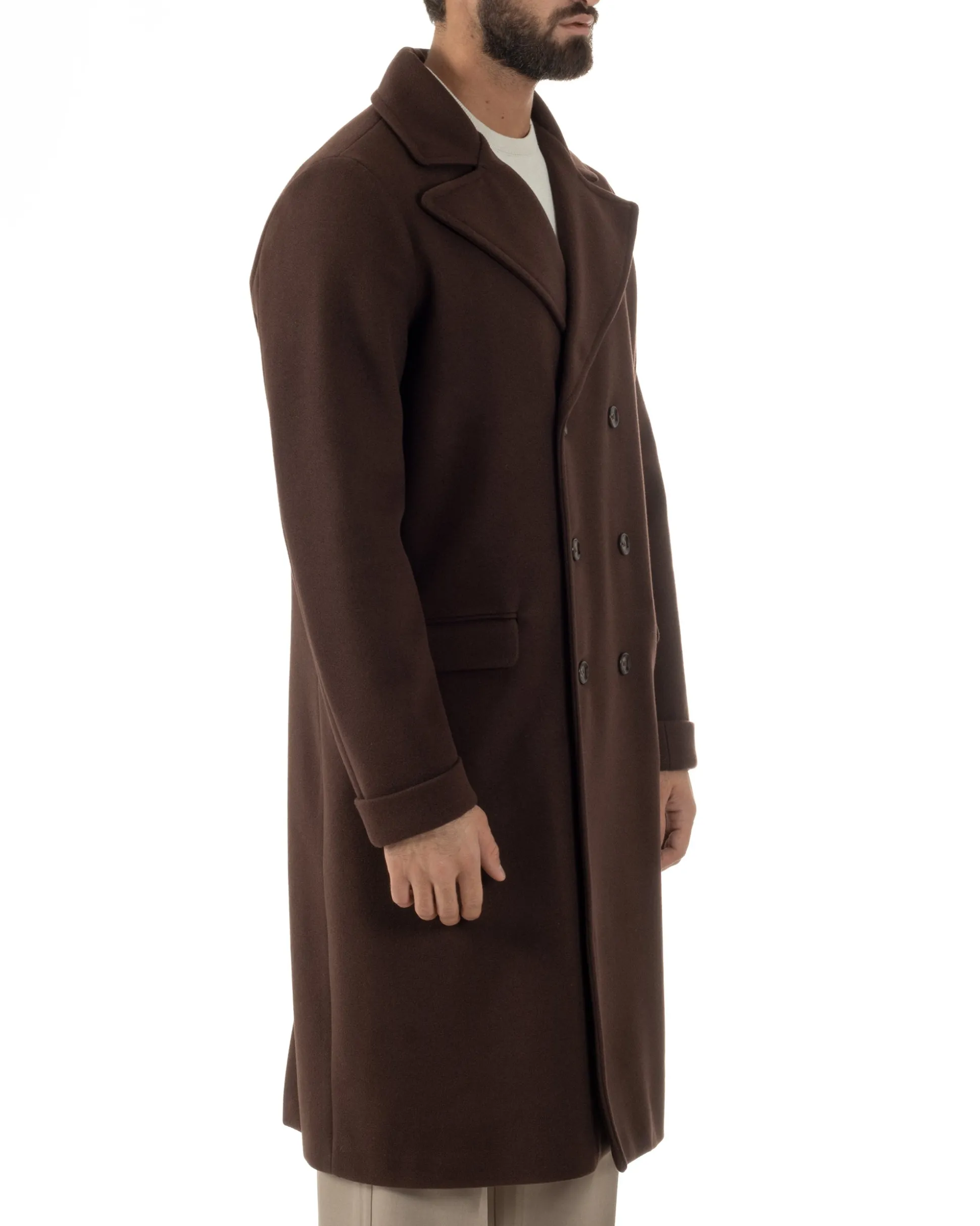 Cappotto Doppiopetto Uomo Oversize Giaccone Lungo Revers Ampi Marrone CO1093A