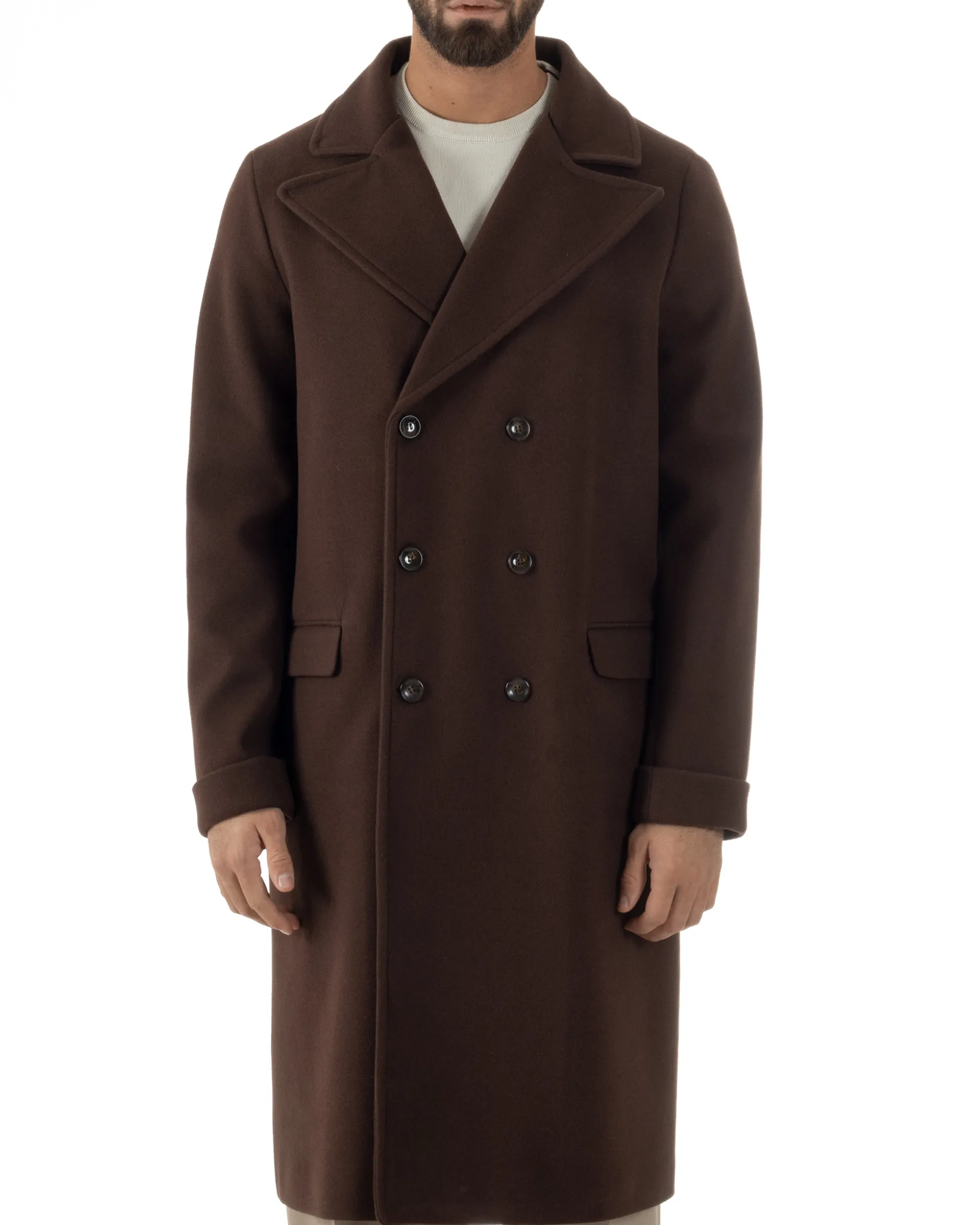 Cappotto Doppiopetto Uomo Oversize Giaccone Lungo Revers Ampi Marrone CO1093A