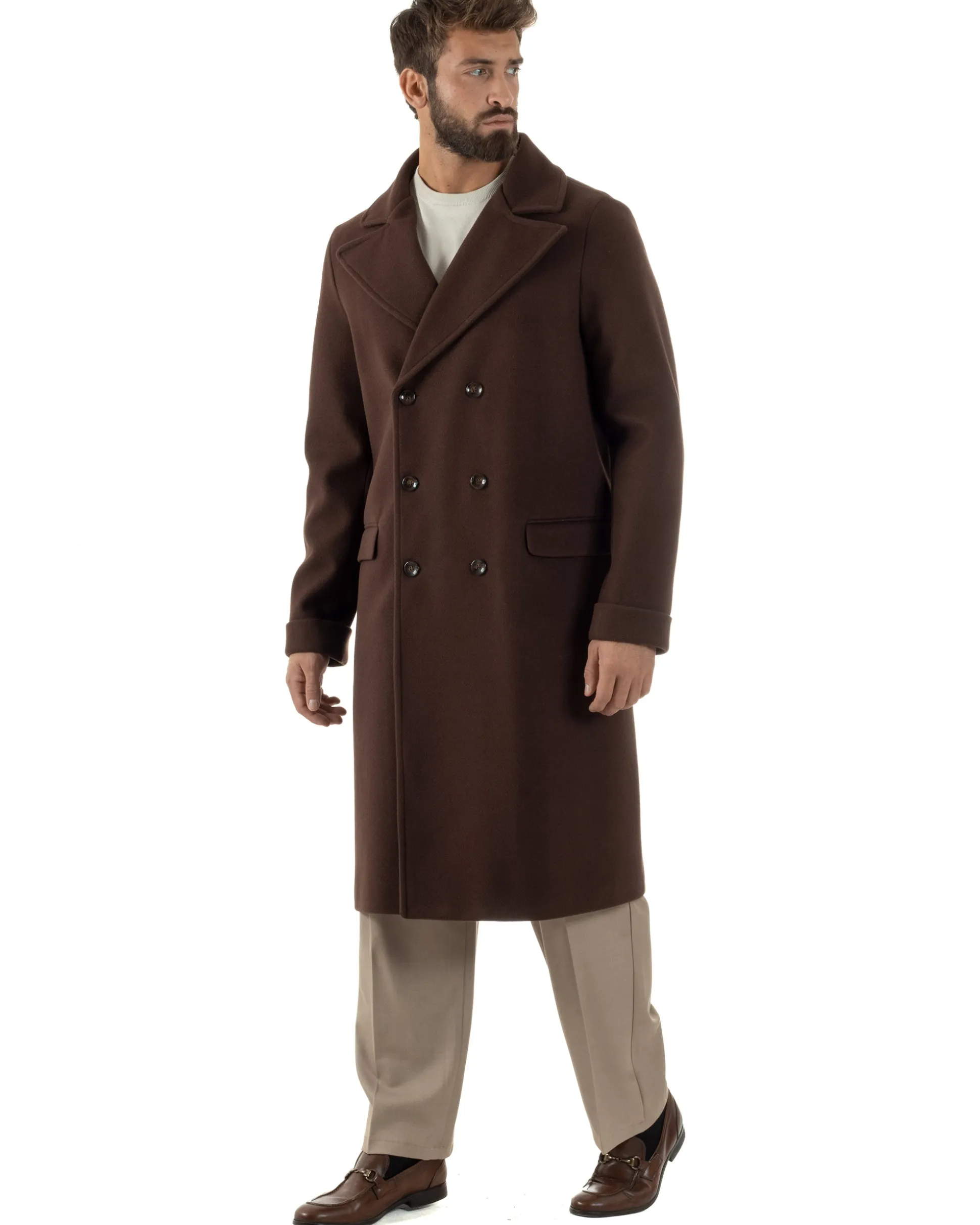 Cappotto Doppiopetto Uomo Oversize Giaccone Lungo Revers Ampi Marrone CO1093A