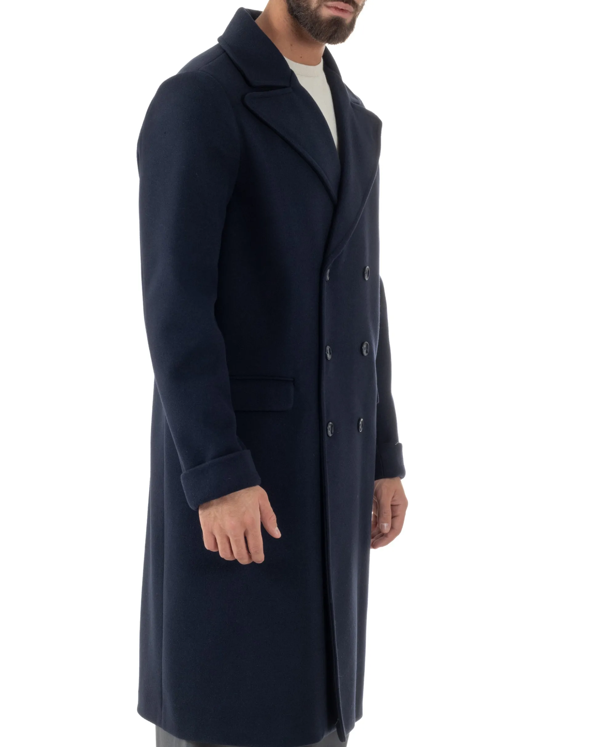 Cappotto Doppiopetto Uomo Oversize Giaccone Lungo Revers Ampi Blu CO1096A