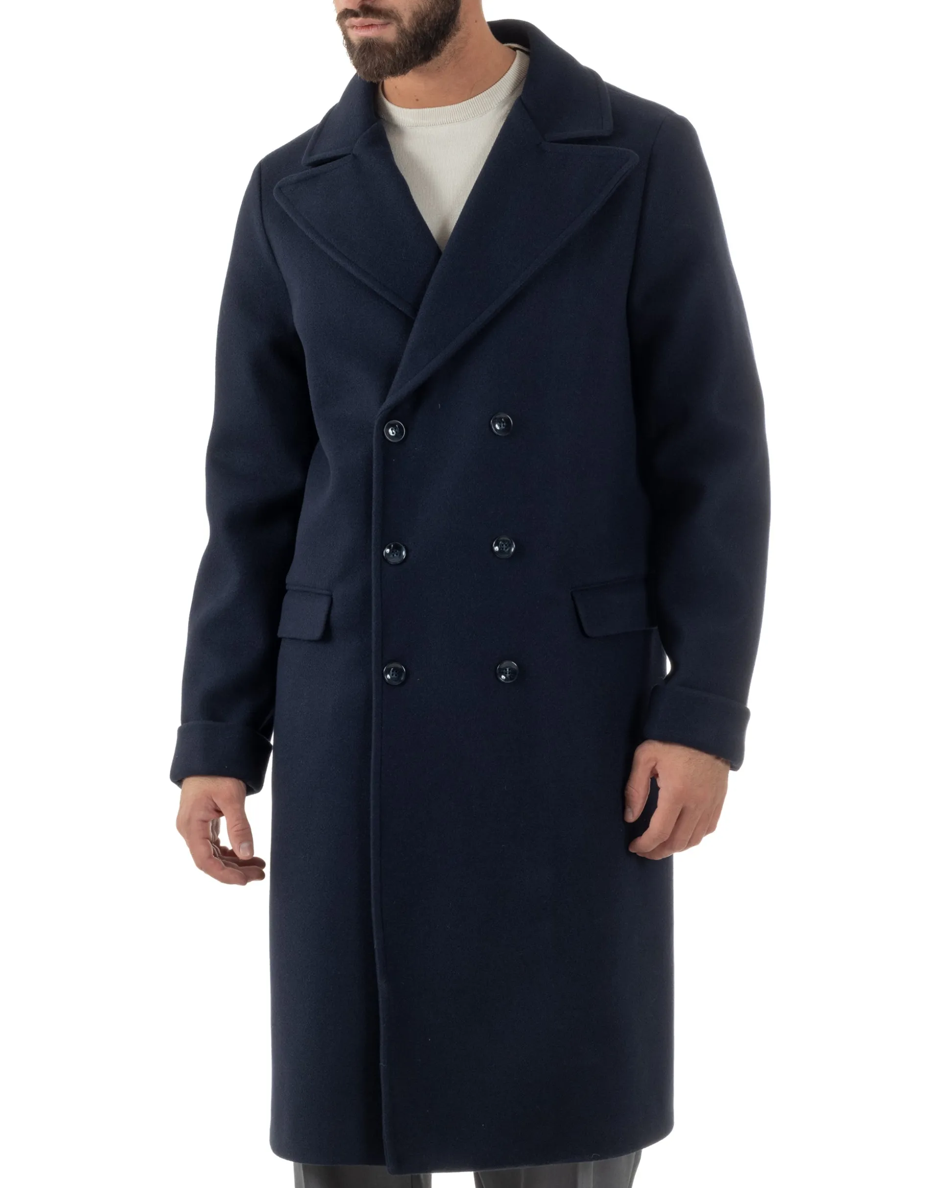 Cappotto Doppiopetto Uomo Oversize Giaccone Lungo Revers Ampi Blu CO1096A