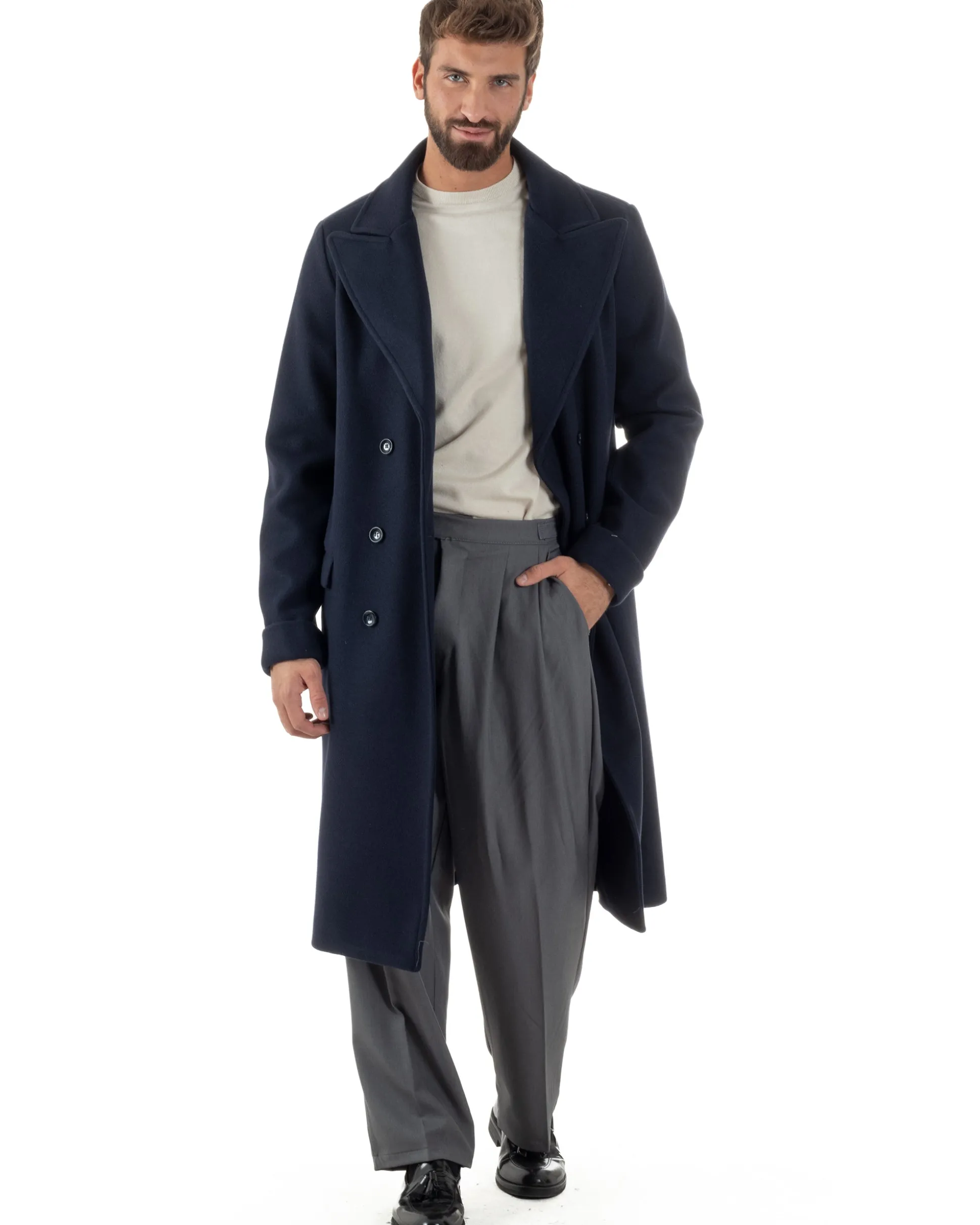 Cappotto Doppiopetto Uomo Oversize Giaccone Lungo Revers Ampi Blu CO1096A