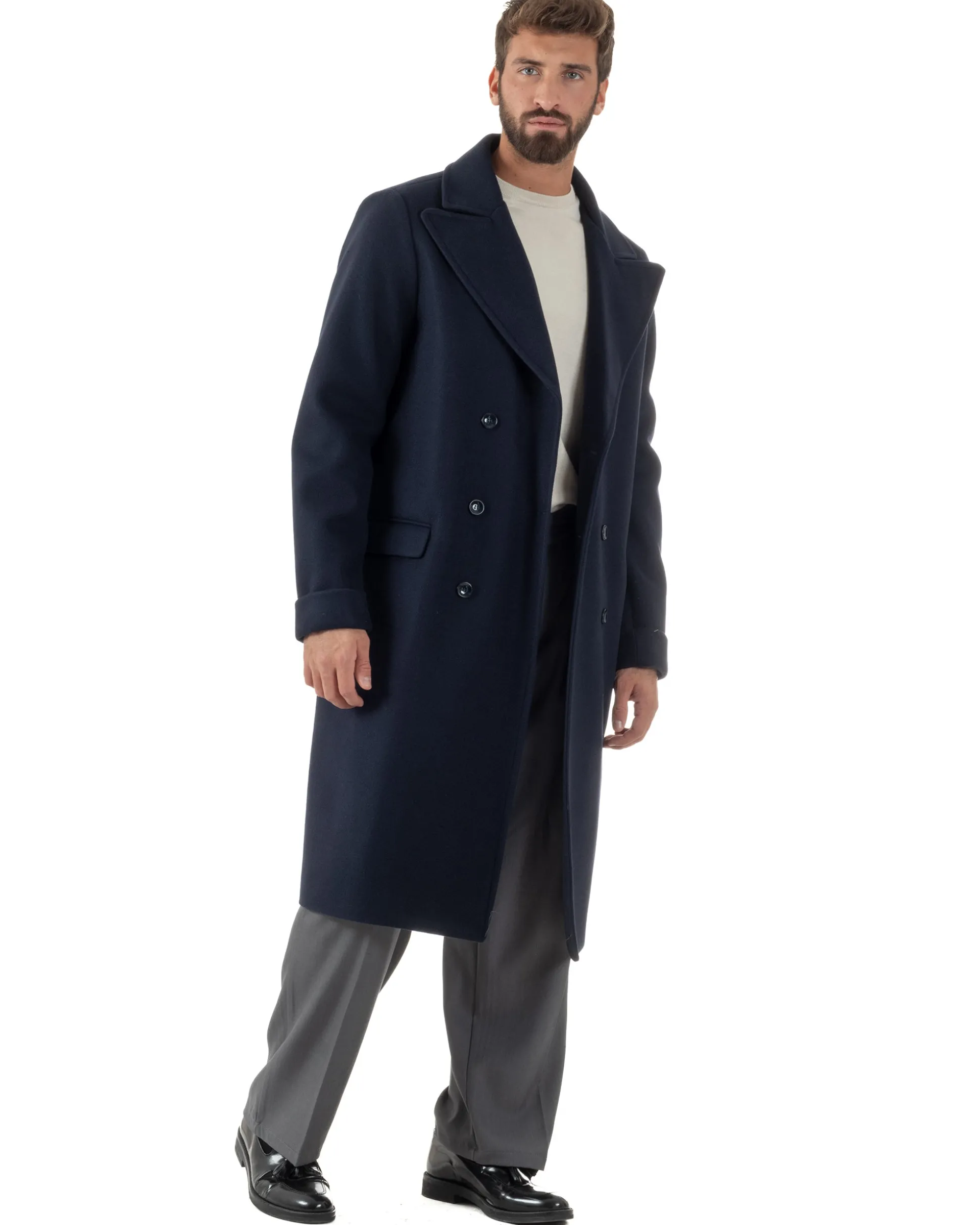 Cappotto Doppiopetto Uomo Oversize Giaccone Lungo Revers Ampi Blu CO1096A