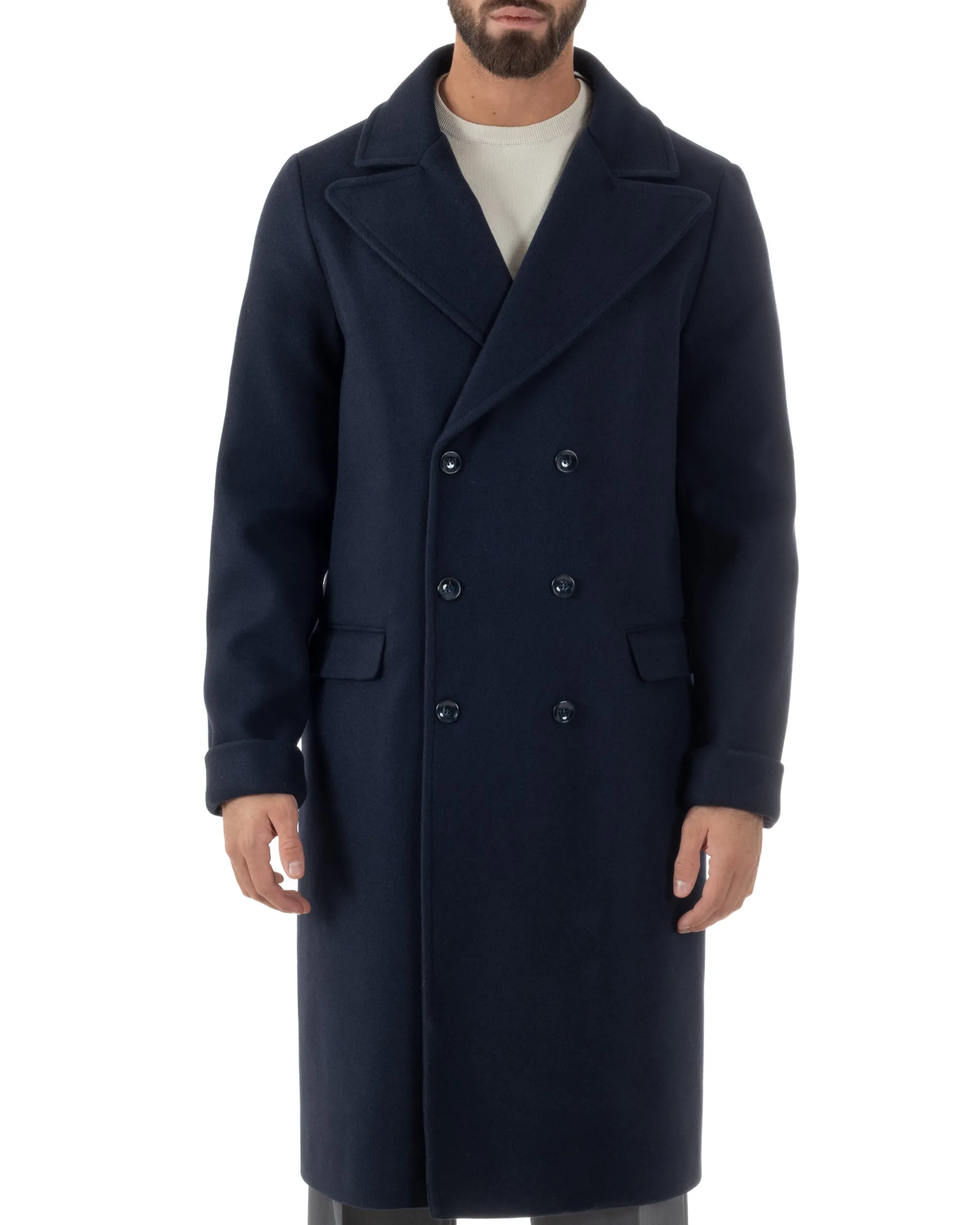 Cappotto Doppiopetto Uomo Oversize Giaccone Lungo Revers Ampi Blu CO1096A