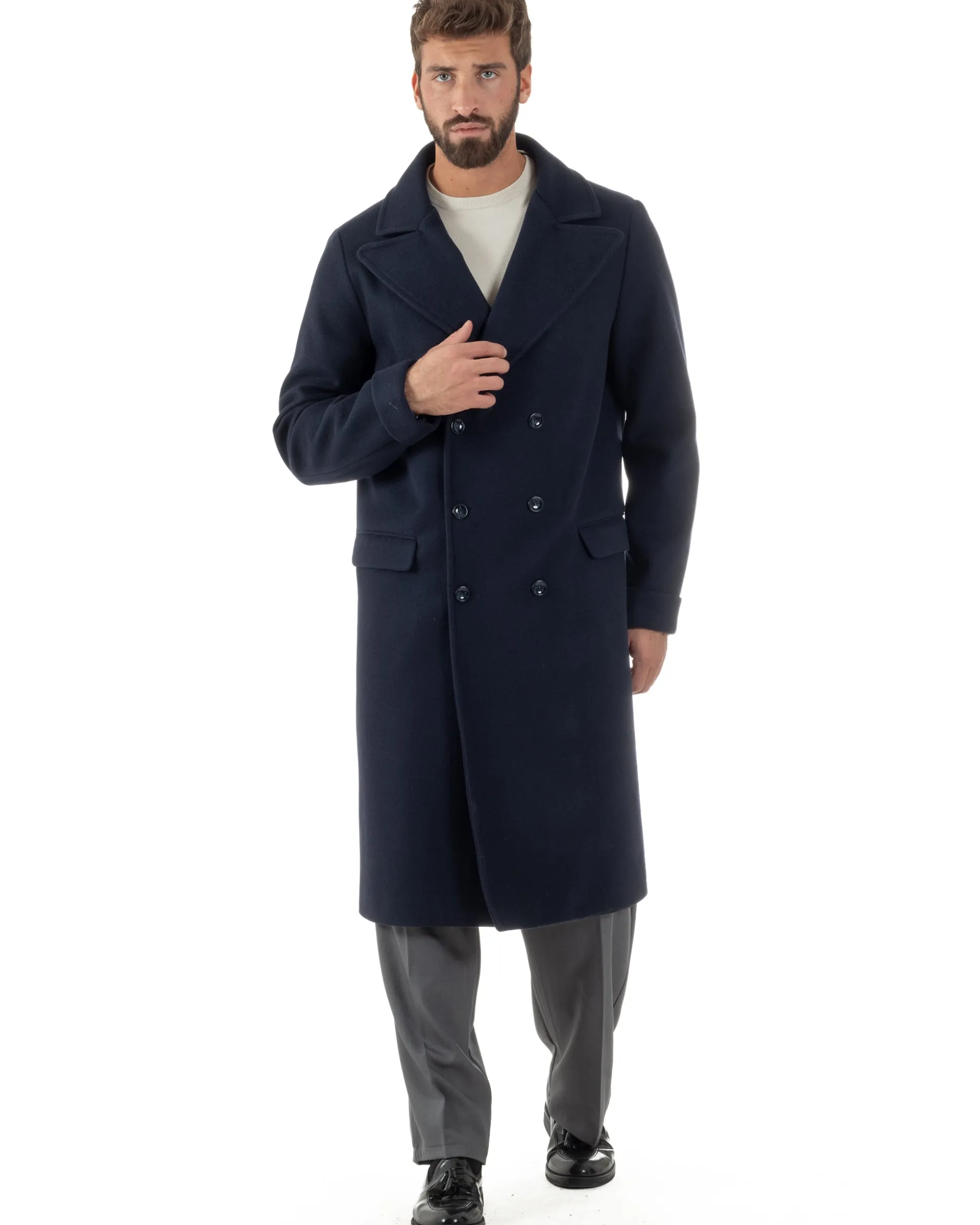 Cappotto Doppiopetto Uomo Oversize Giaccone Lungo Revers Ampi Blu CO1096A