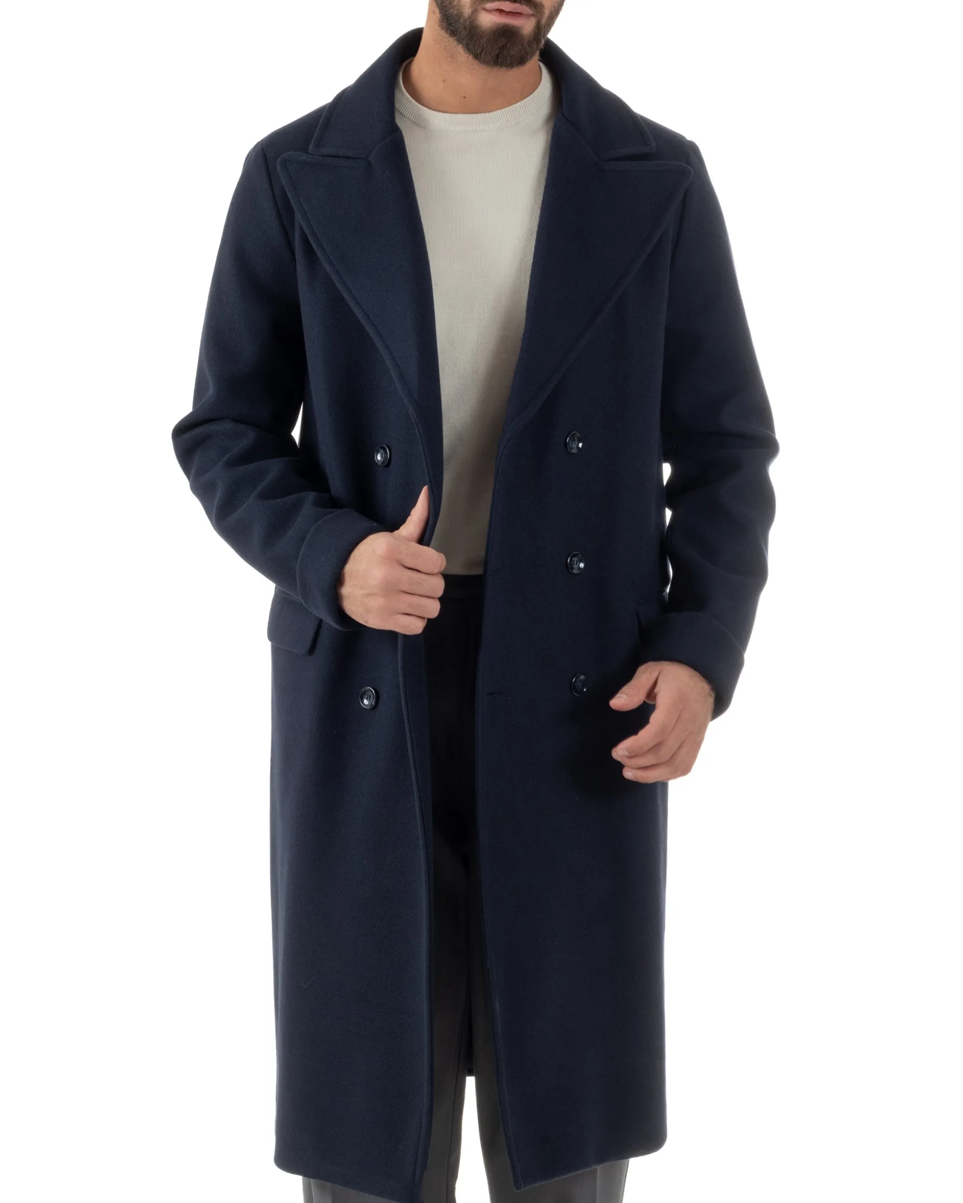 Cappotto Doppiopetto Uomo Oversize Giaccone Lungo Revers Ampi Blu CO1096A