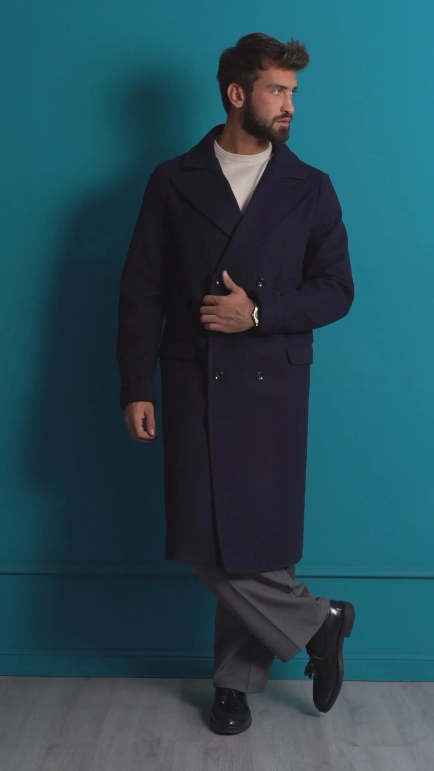 Cappotto Doppiopetto Uomo Oversize Giaccone Lungo Revers Ampi Blu CO1096A