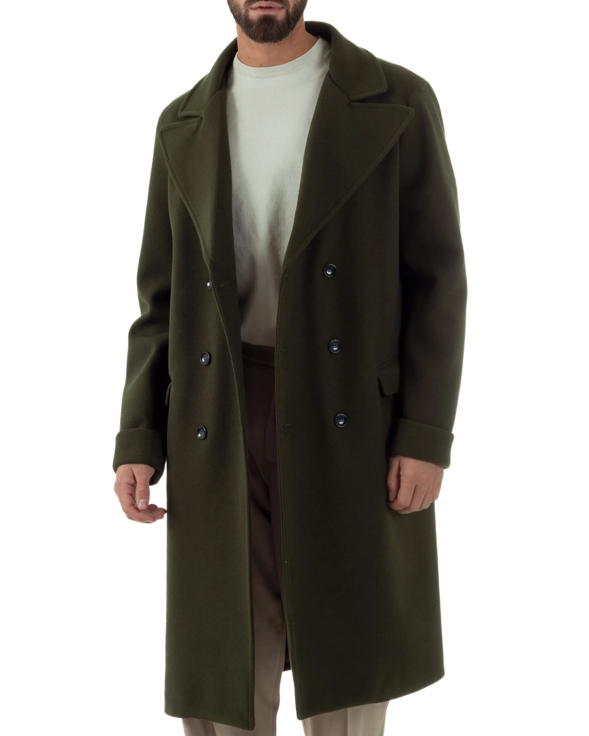 Cappotto Doppiopetto Uomo Oversize Giaccone Lungo Revers Ampi Verde CO1095A