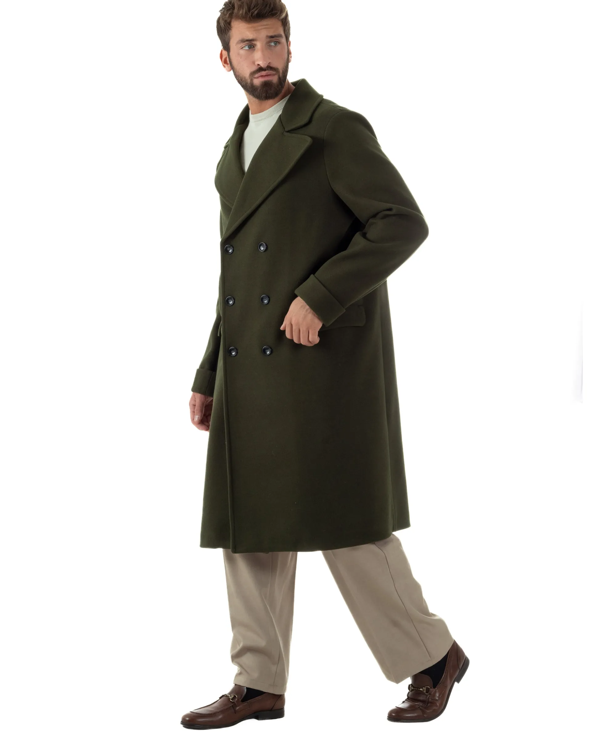 Cappotto Doppiopetto Uomo Oversize Giaccone Lungo Revers Ampi Verde CO1095A