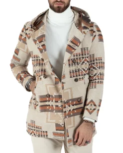 Cappotto Giacca Uomo Doppiopetto Giaccone Fantasia Etnica Beige Giubbotto GIOSAL-CO1032A