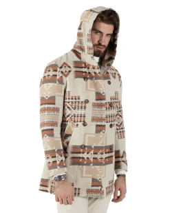 Cappotto Giacca Uomo Doppiopetto Giaccone Fantasia Etnica Beige Giubbotto GIOSAL-CO1032A