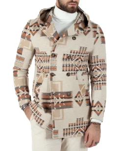 Cappotto Giacca Uomo Doppiopetto Giaccone Fantasia Etnica Beige Giubbotto GIOSAL-CO1032A