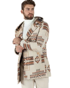 Cappotto Giacca Uomo Doppiopetto Giaccone Fantasia Etnica Beige Giubbotto GIOSAL-CO1032A