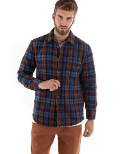 Cappotto Giubbotto Uomo Camicia Camicione Con Colletto Casual Fantasia A Quadri Blu GIOSAL-G2923A