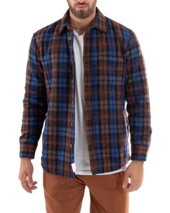 Cappotto Giubbotto Uomo Camicia Camicione Con Colletto Casual Fantasia A Quadri Blu GIOSAL-G2923A